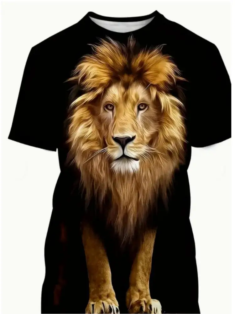 Men\'s Summer Fashion Casual 3D Printing Lion Pattern Trend Street Polyester Round Neck Short Sleeve T-shirt