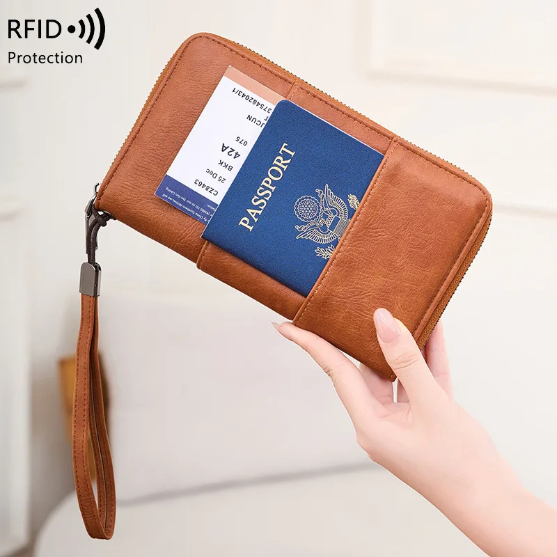 1pcs RFID Blocking PU Leather Passport Wallet with Zipper Multi-Function Travel Document Organizer for Cards Tickets Money