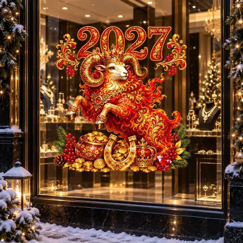2027 Sheep Zodiac Wall Stickers Self-Adhesive Non-Marking Decals for Glass Window Home New Year Festival Home Decoration