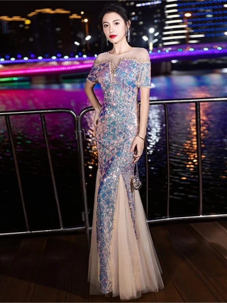

New banquet light luxury style fishtail host dress