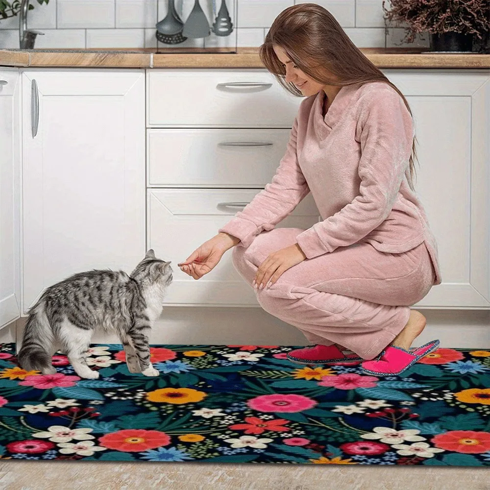 

1PC Wildflowers Pattern Kitchen Rug Non-Slip Door Mat Pop design Bathroom Rug Bath Mat Carpet for Home Sink Laundry Decoreeree