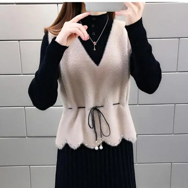 Xiaoxiangfeng imitazione visone gilet con scollo a v autunno inverno nuova collezione da donna Internet famosa ed elegante maglia lavorata a maglia