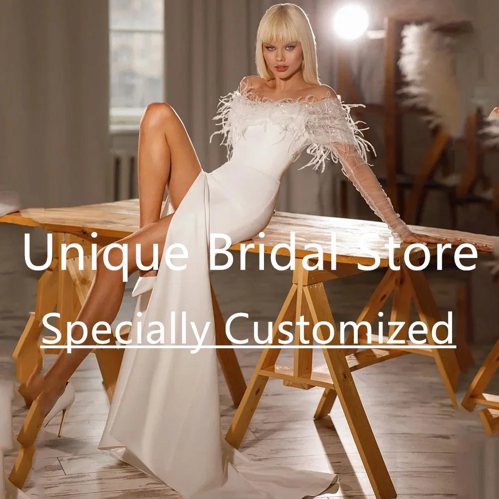 Vestidos De Novia Corte Sirena 2023 Off The Shoulder Long Illusion Sleeve Feather High Split Elegant Sweep Train Wedding Dresses