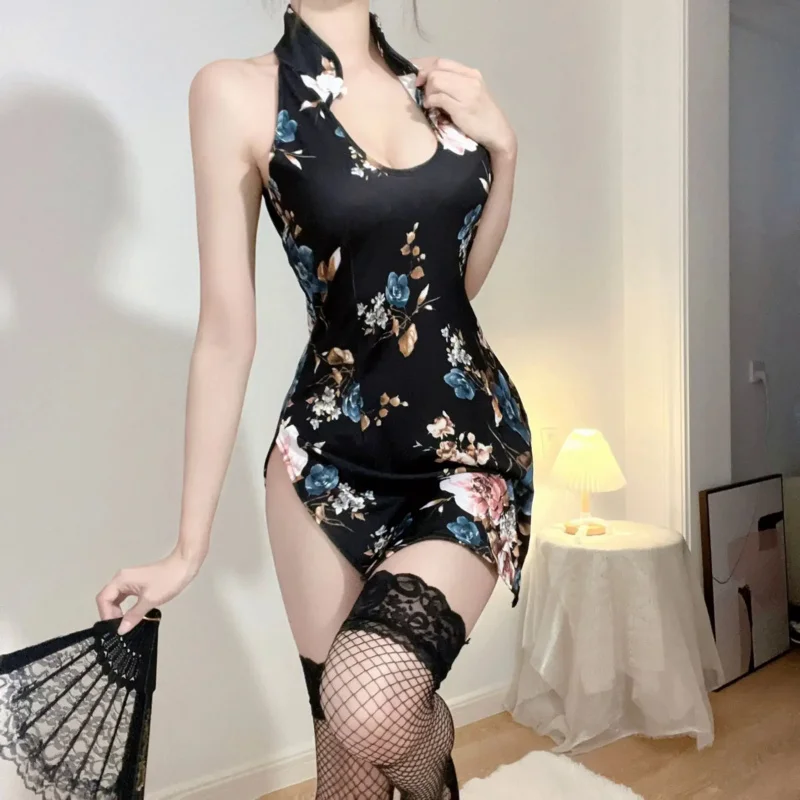 

Retro Chinese Cheongsam Uniform Women Embroidered Transparent Cosplay Sexy Lingerie Pornos See Through Mini Qipao Dress Customs