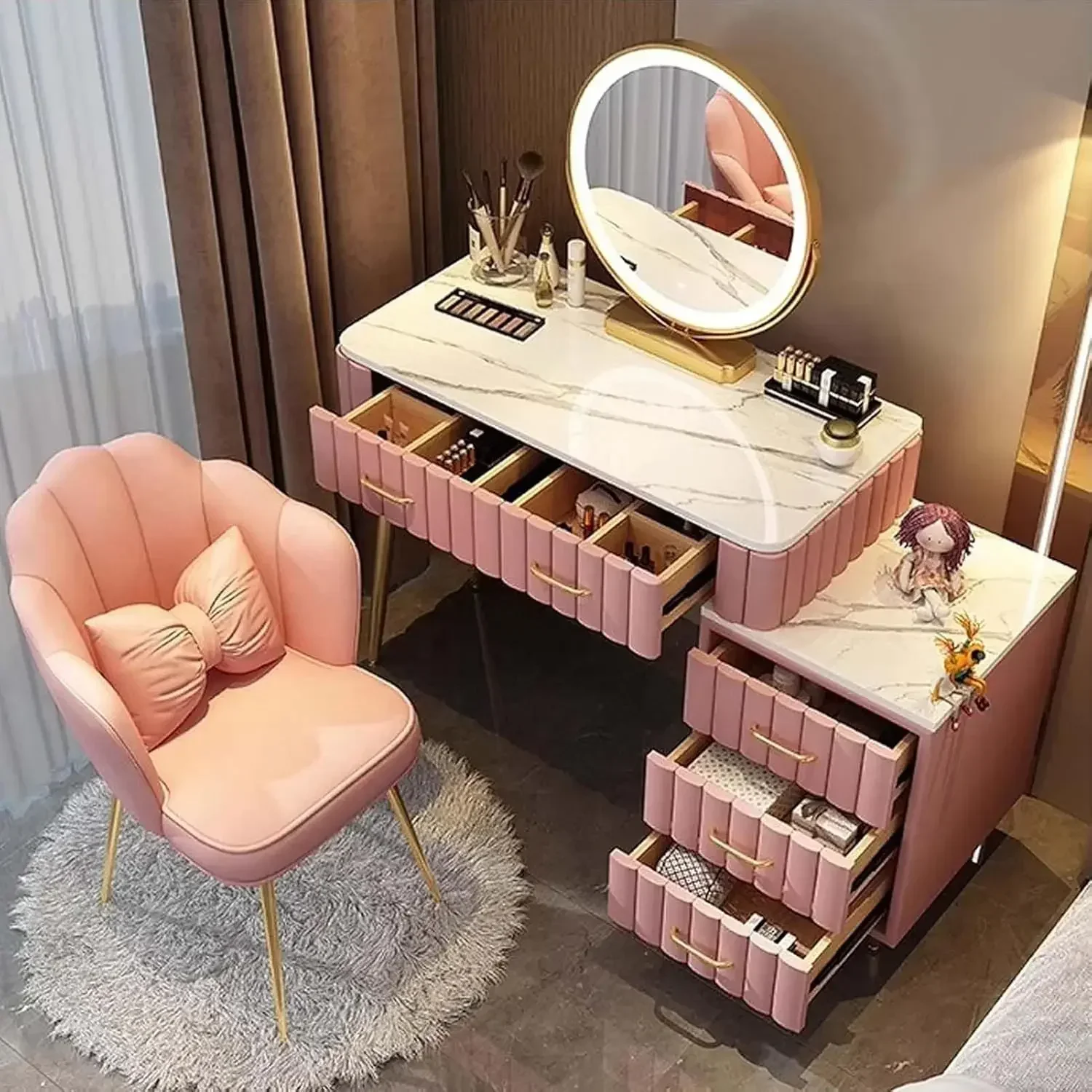 Vanity Set - Makeup Vanity Table with 5 Drawers & 3-Color LED Adjustable 360°Rotating Mirror, Luxury Dressing Table