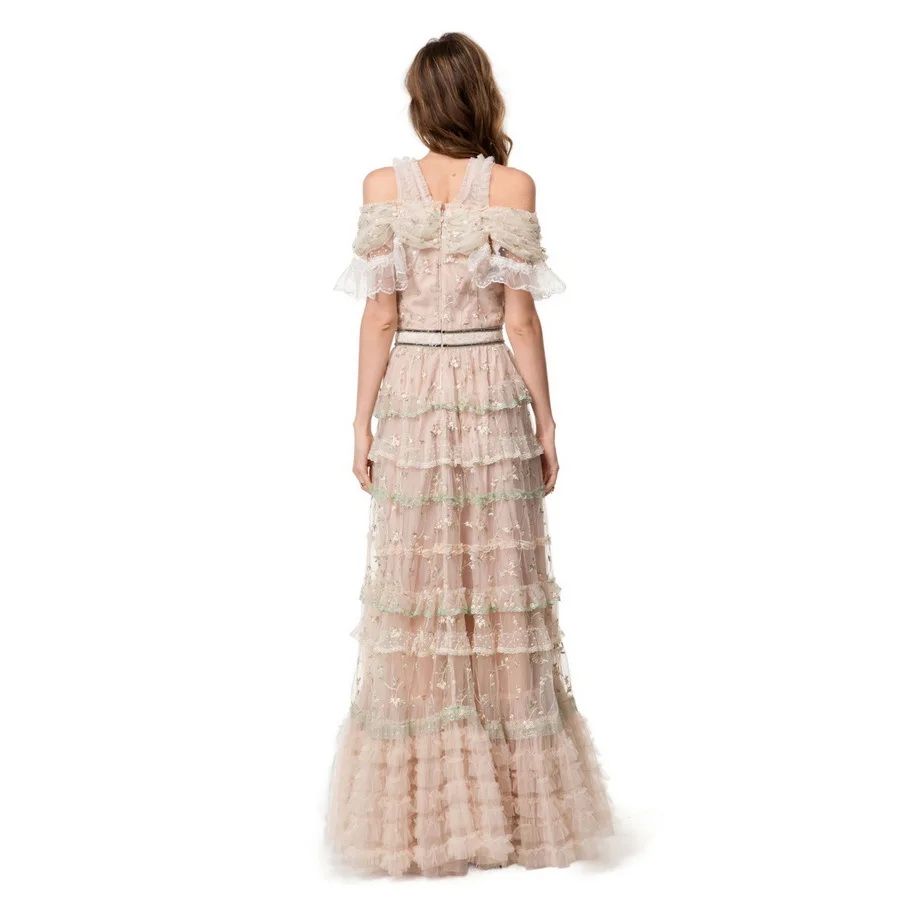 Meyyithun vestido feminino flores bordado miçangas maxi vestido manga curta em camadas babados vestido de festa vintage 250611mz01