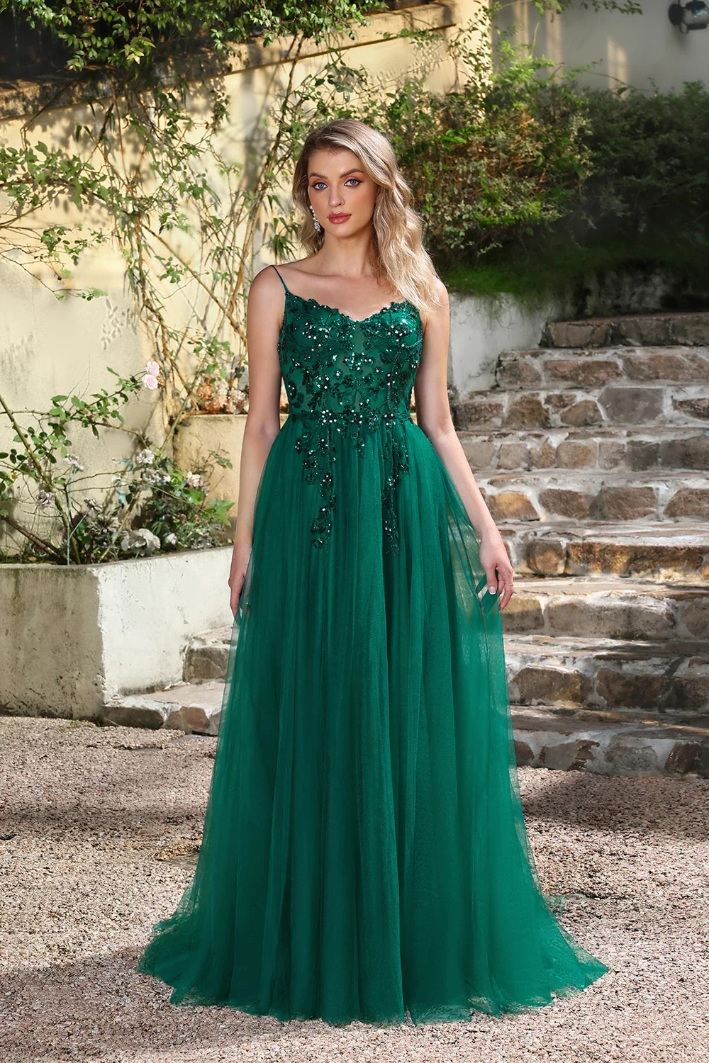 

Spaghetti Straps Sequin Evening Dresses Soft Tulle Appliques Beading Crystal Wedding Formal Party Prom Gowns Vestido De Fiesta