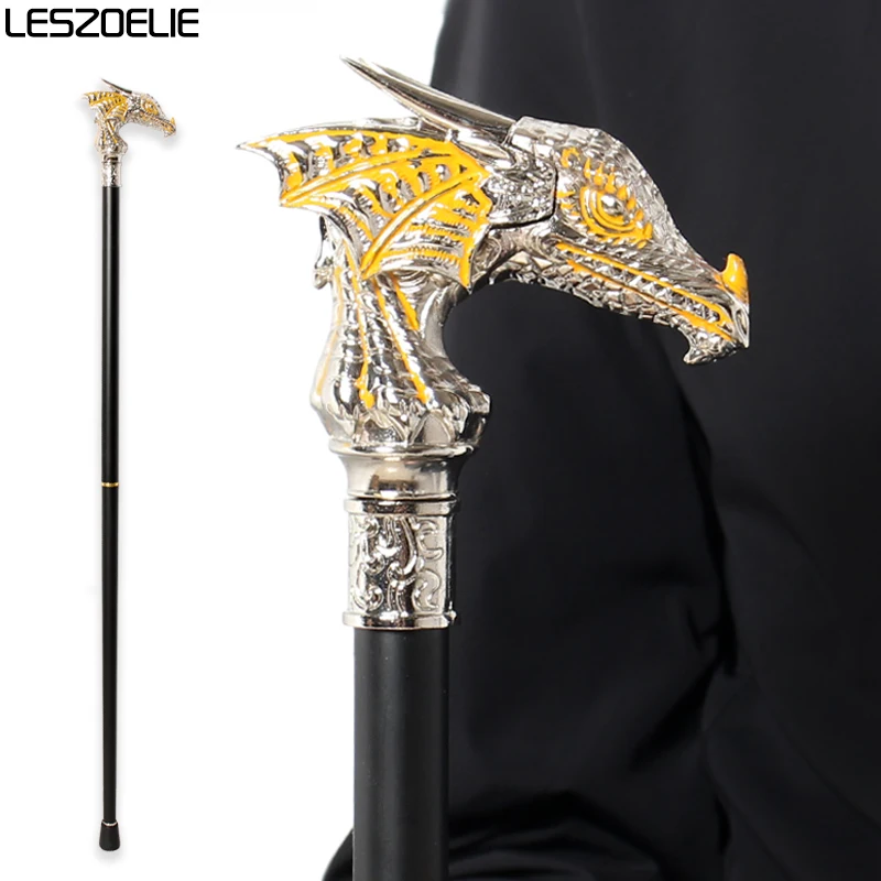 

Luxury Bright Silver Dragon-Head Walking Stick With Yellow Line Men Decorative Fashion Canes Women Elegant Detachable Sticks