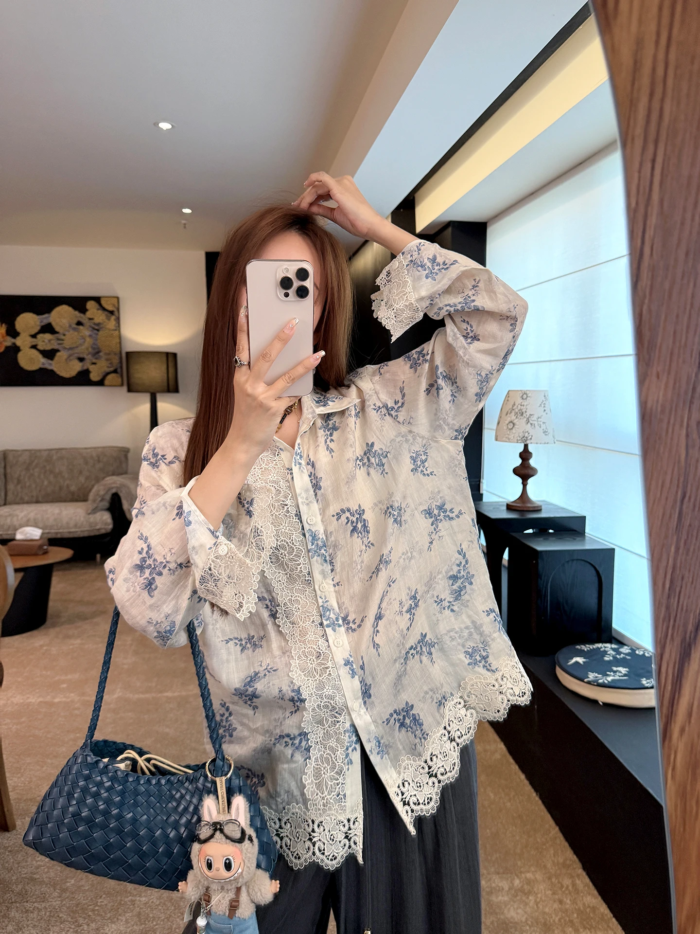 

Zhang ei Mediterranean Holiday Artistic Daily Silk Linen Lace Long Sve irt Women's Loose Fit Regular Sve Long irt
