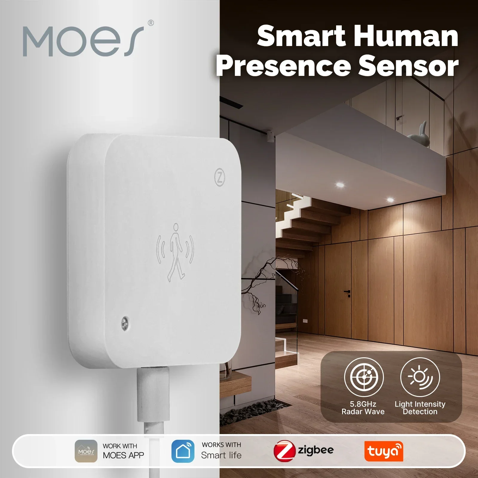 MOES Tuya ZigBee Smart Human Presence Sensor Motion Motionless Detection Light Luminance Sensor Wired Design App Notification