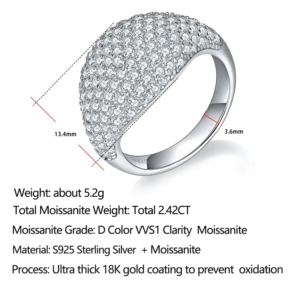 Pretty Beauty Pave Dome Moissanite Ring S925 Silver Chunky Wide Band Statement Ring Iced Out Cluster Cocktail Ring for Women Men