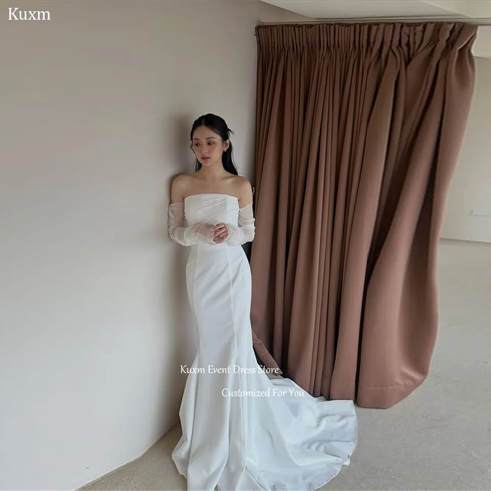 Kuxm White Strapless Mermaid Korea Wedding Gown Detachable Sleeves Satin Bridal Gown Photo Shoot Robe De Mariée Customized
