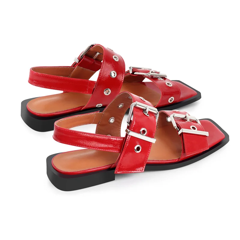 Onlymaker Women Square Toe Buckle Strap Flats Sandals Lady Big Size Summer Punk Retro Mary Jane Slingbacks Sandals