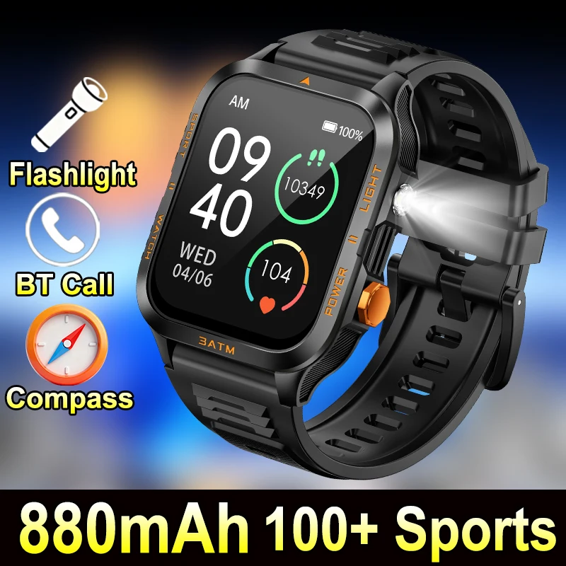 

Men Women Outdoor Sports Smart Watch Compass Flashlight 880mAh Watches Life Waterproof 1.96-inch HD Bluetooth Call Smartwatch