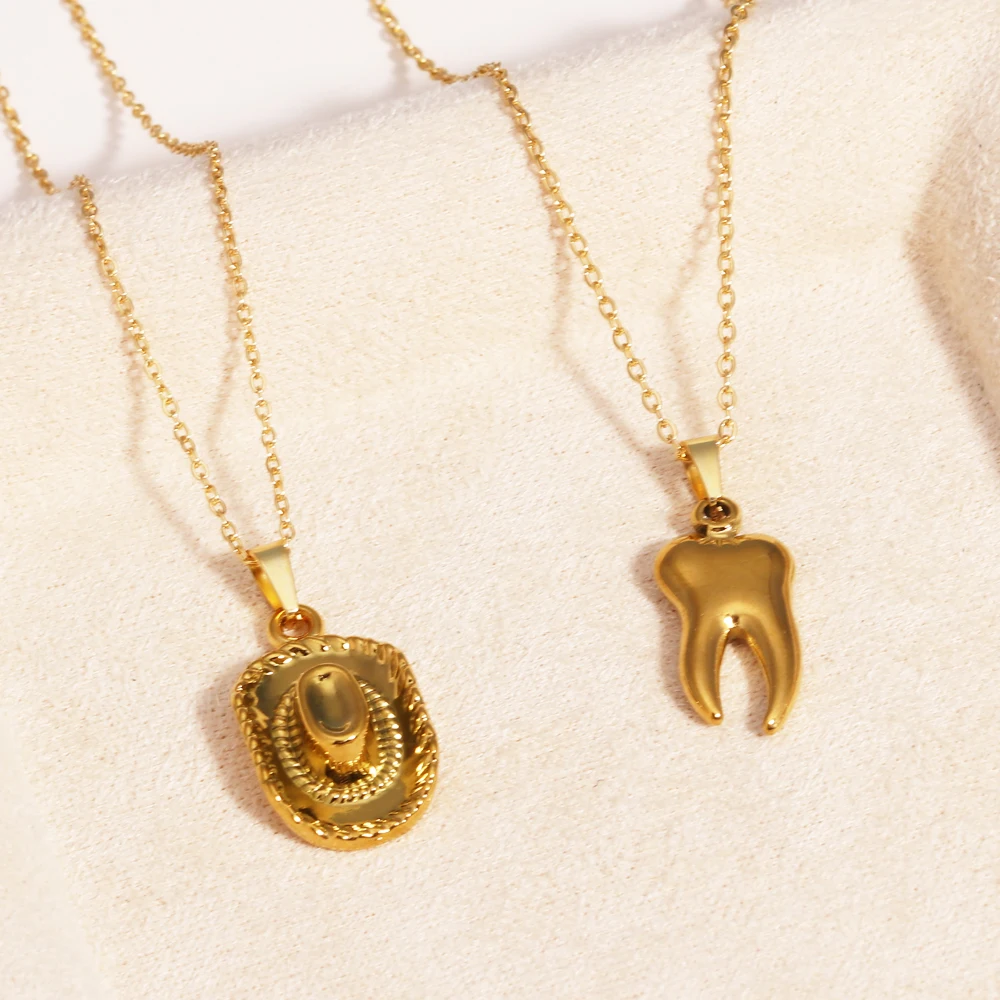316L Stainless Steel Western Cowboy Hat Tooth Pendant Necklace Chain Jewelry Gold 18K Plated Charm Collar Accessories for Women