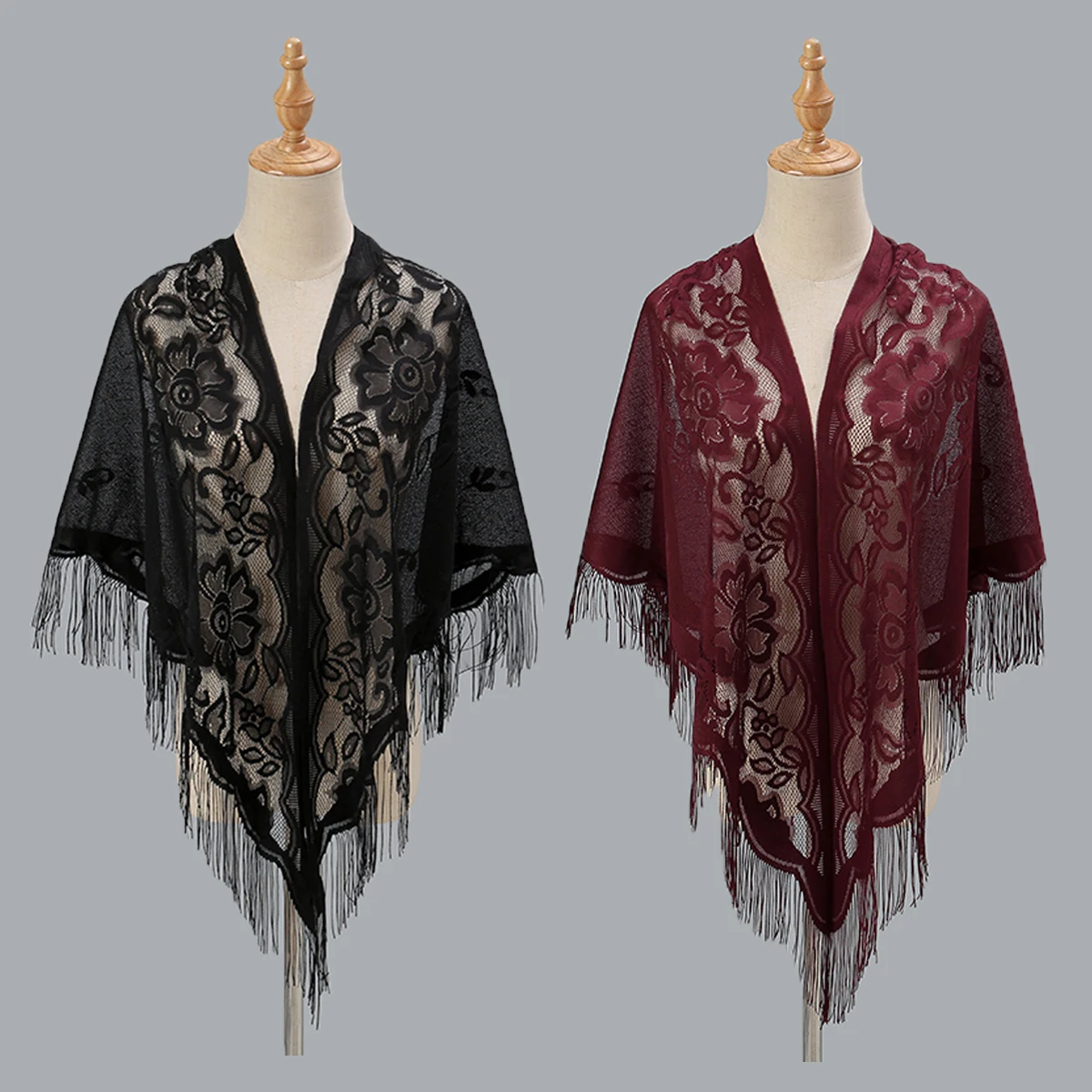 Fashion Triangle Scarf Solid Lace Hollow Female Summer Shawls Mesh Tassel Stoles Wedding Evening Dress Sunscreen Shawl