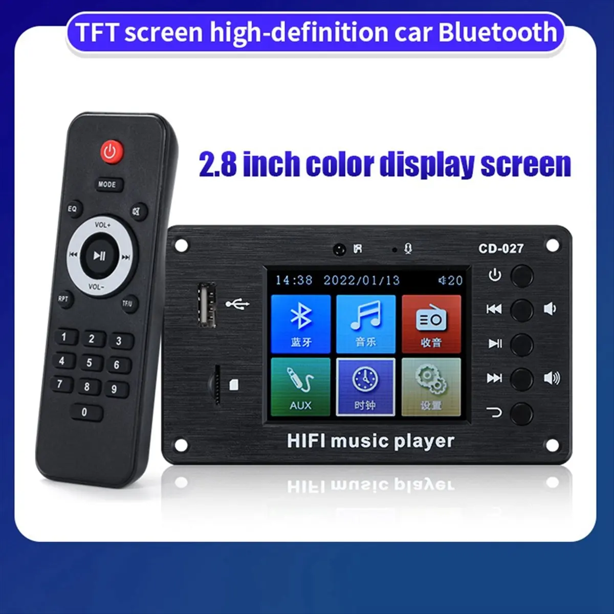 A40I 2.8-Inch Color Screen Bluetooth 5.1 Car Synchronization Lossless Decoding Board Time Alarm Clock Fm Audio Decoder