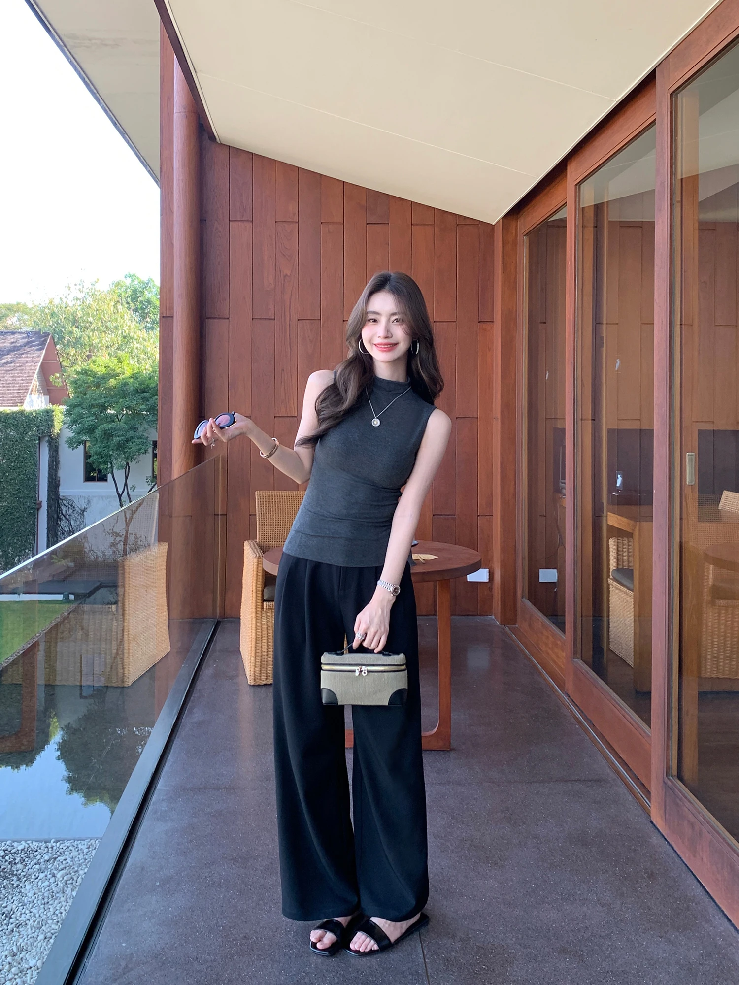 Pusumede High Waist Wide Leg Suit Pants Women Loose Slimming Casual Floor Length Straight Leg Pants Commuter Style