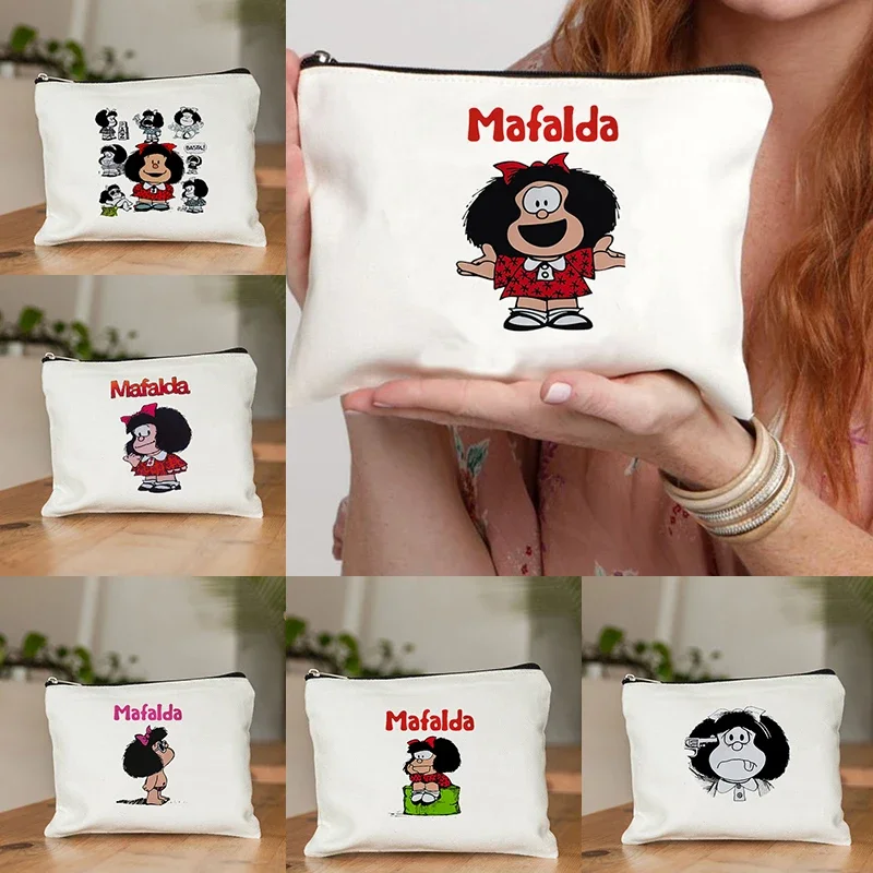 Mafalda Cute Anime Borsa per trucco cosmetico Organizzatore per matite Borse da toilette da viaggio con cerniera Regalo Borsa per trucco Kawaii Borsa per riporre oggetti carini