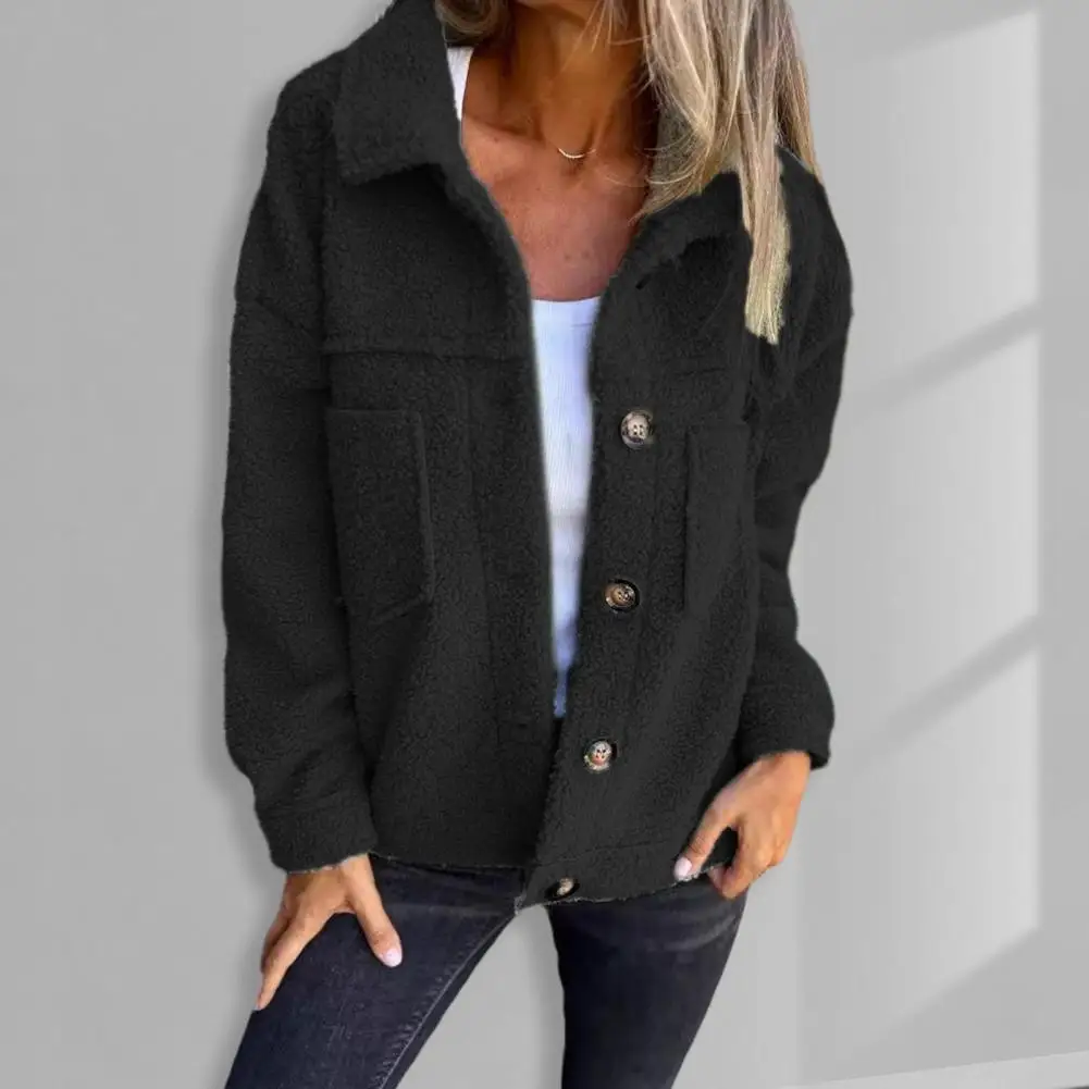 Winter Women Jacket Thick Fleece Button Closure Cardigan Coat With Double Pocket Windproof Long Sleeves Heat Retention Outerwear