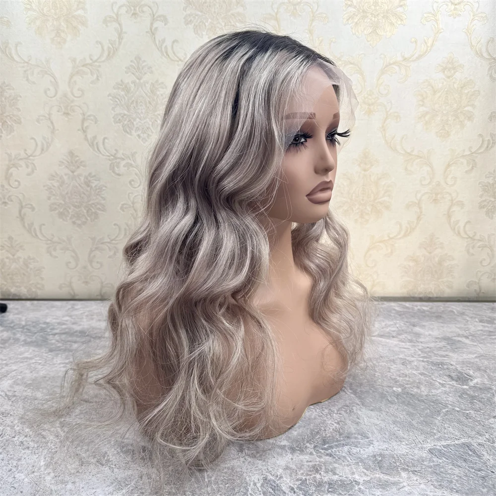 13x6 Lace Front Wigs Ash Blonde Highlights Real Human Hair Wigs 24inchs Long Virgin Hair Soft Women Full Lace Wig