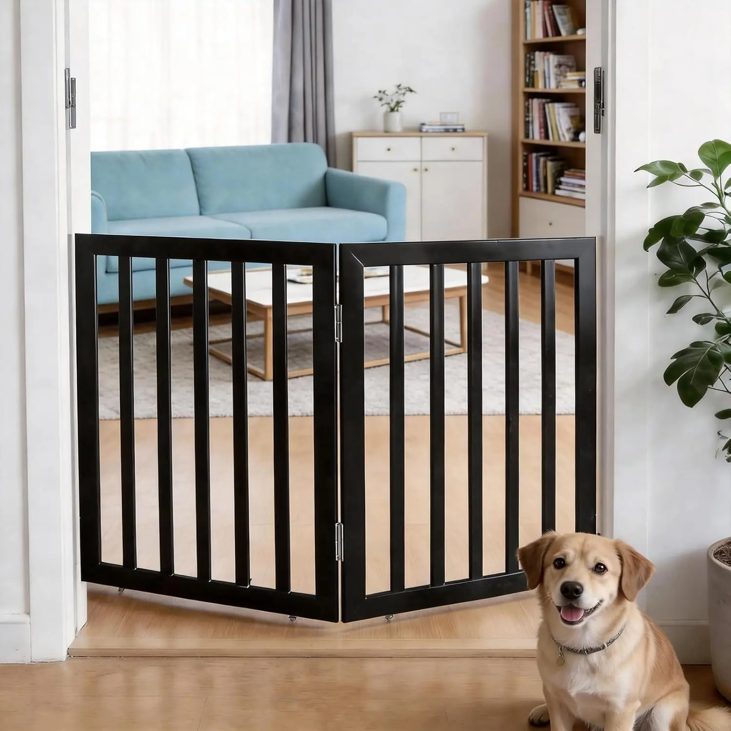 

Freestanding Wooden Dog Gate for Doorways, Hallways, Stairs, 2 Panels 24" Height, Black