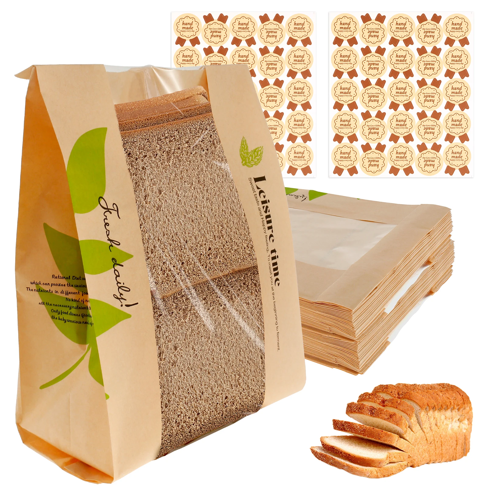 50Pcs Paper Bread Bags with Stickers Waterproof Oil Resistant Bakery Bag with Clear Window Multipurpose Food Bag for Candy Snack