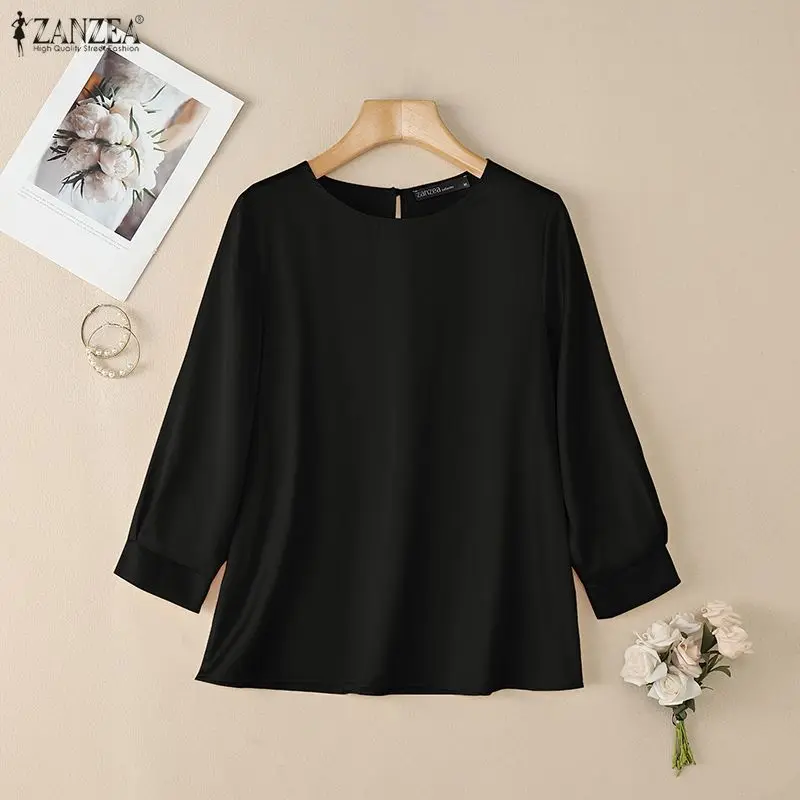 

Minimalist Satin Black Blouses Women O-Neck 3/4 Sleeve Solid Color Elegant Blouse Spring Casual Daily Tops ZANZEA Woman Clothes