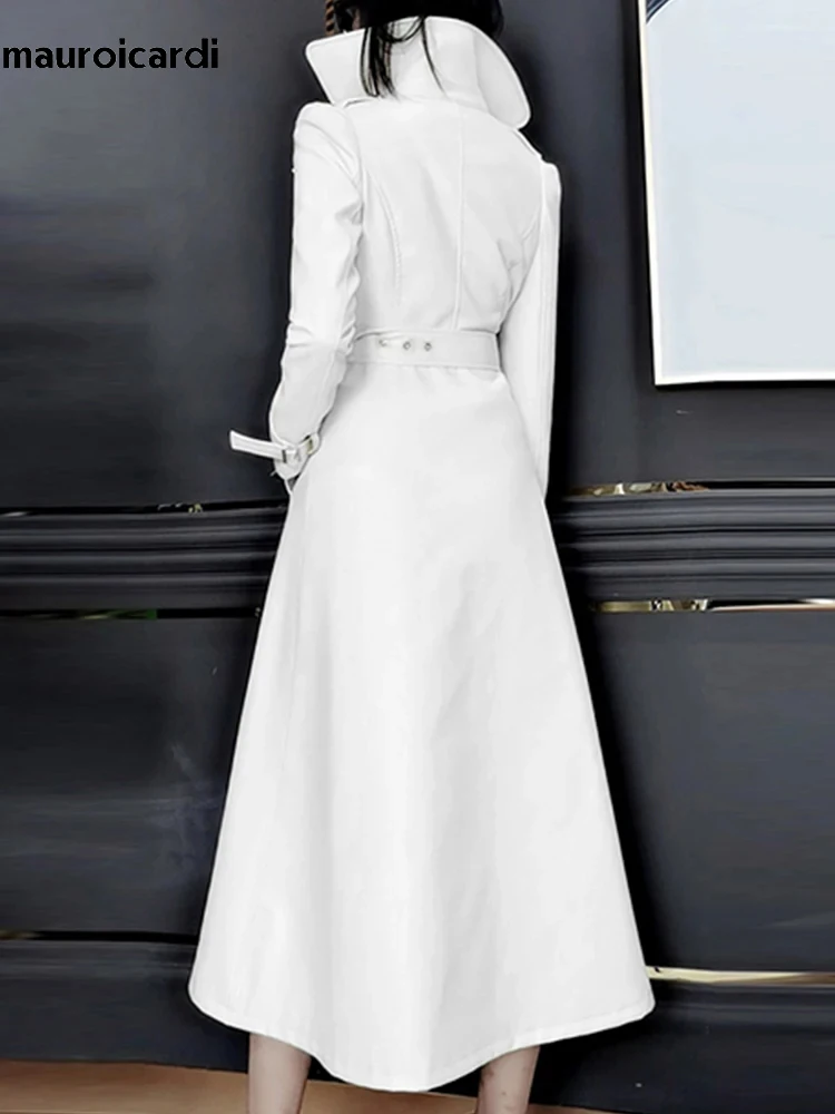 Mauroicardi Spring Autumn White Fitted Long Pu Leather Coat Women Zipper Belt Elegant Chic Luxury Designer Fake 2 Clothes 2024