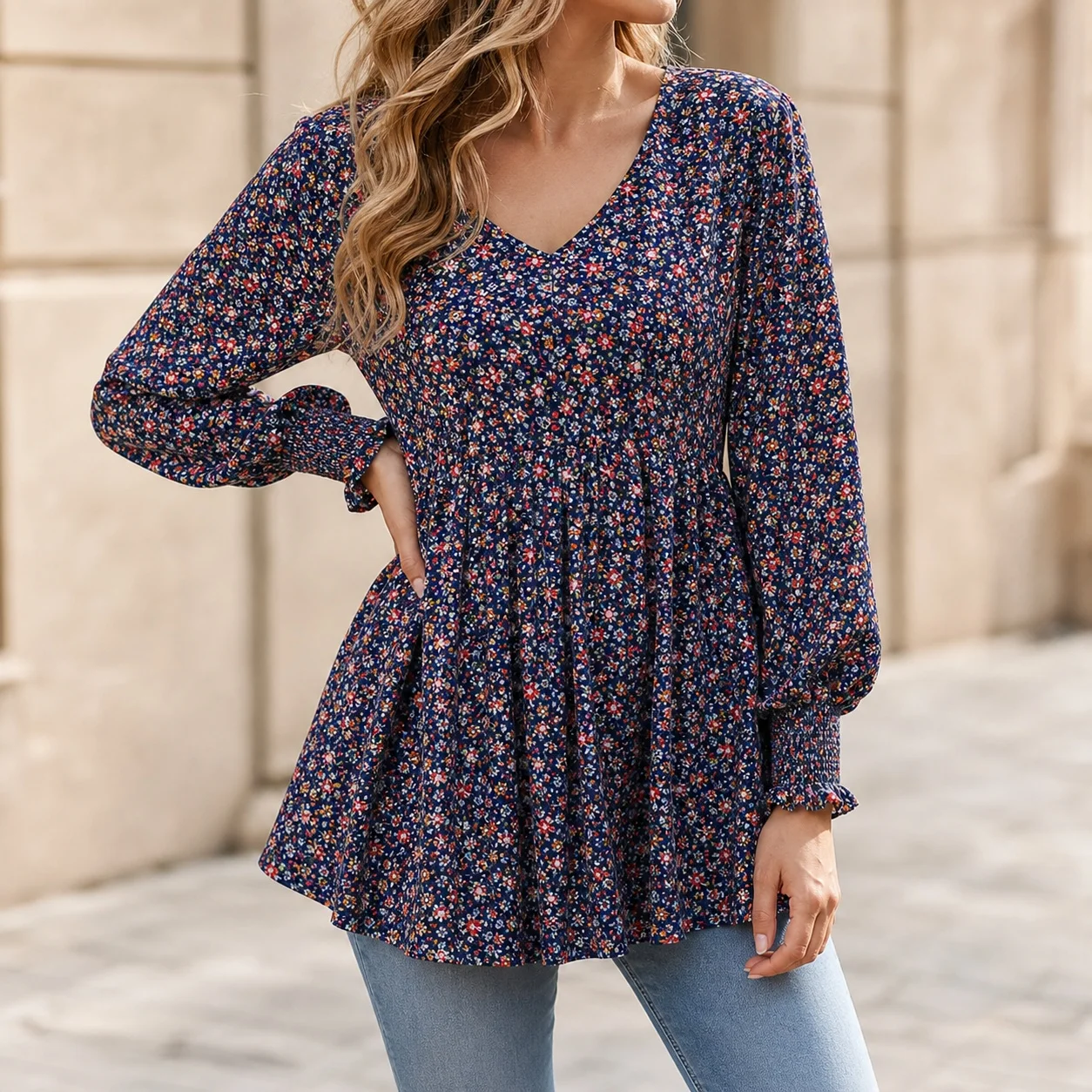 Women's Cotton Printed Floral Blouse with V Neck Puff Sleeves Ruffle Trim Casual T-Shirt Style Women's Shirt with Smocked Waist