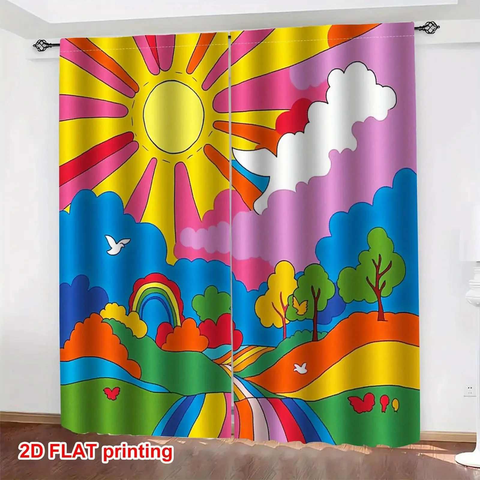 2pcs Rainbow and Birds Dream Curtains- 100% Polyester Semi-Transparent Rod Pocket Curtains with Bright Sun and Birds Pattern