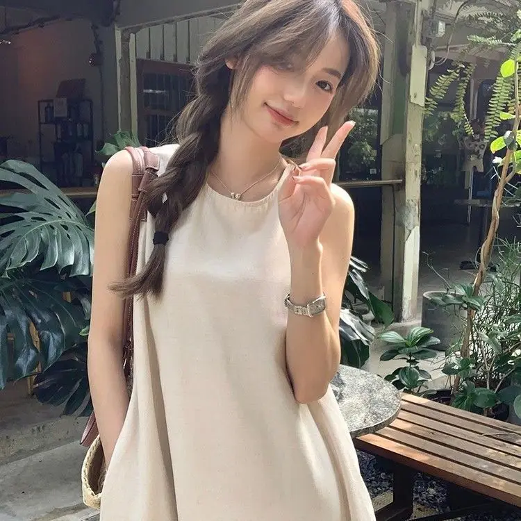 Open Back Vacation Sleeveless Vest Maxi Dress For Women Summer Design Niche Loose Casual Khaki Black Beach Korean Long Dresses