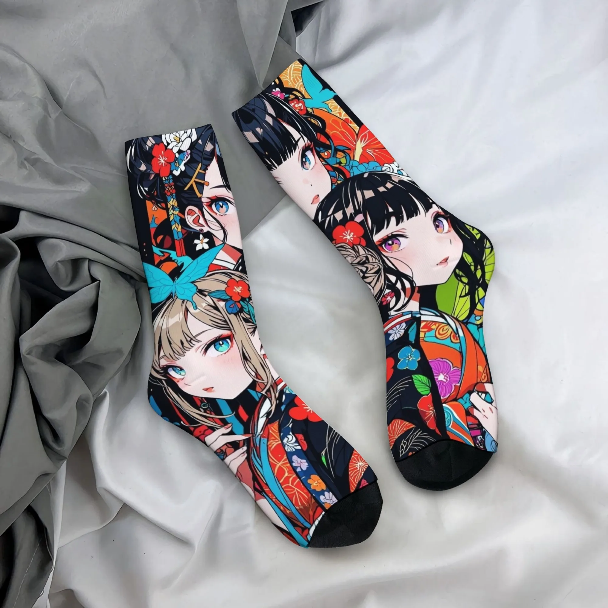 

Japanese Anime Harajuku Style Socks Kimono-clad Girl Print Men's Mid-calf Socks Ukiyo-e Anime Style Soft and Durable Socks