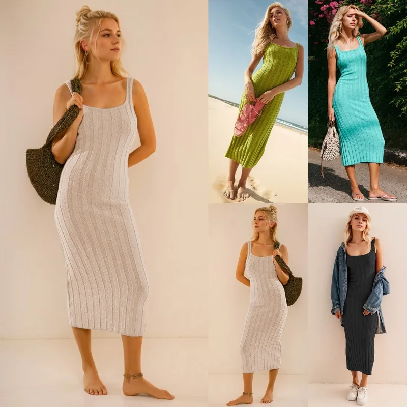 

2025 Summer Women's Knit Sleeveless Long Tank Dress Solid Color Casual Beachwear Outfit Amazon Best Seller