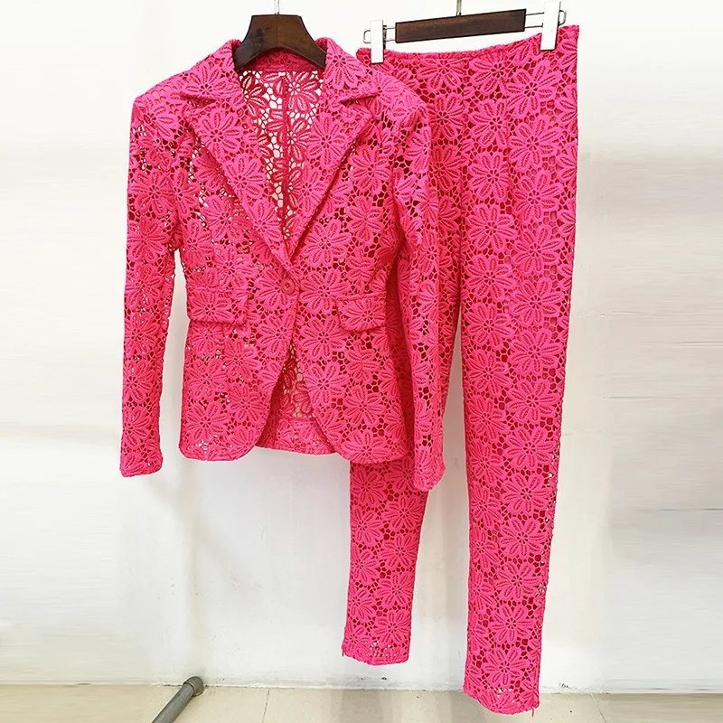 Spring and Autumn Star Fashion Slim Water Soluble Lace Long Sleeve Suit Slim-fit pants Set Two Piece Commuter Set Niche design