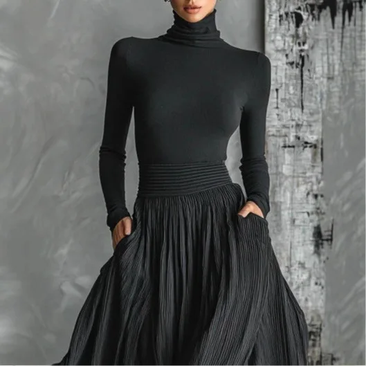 Elegant Turtleneck Pullover & Long Skirt Set Women Casual Long Sleeve Pocket Solid Skirt Outfits Fashion Draped Slim 2Pc Suits