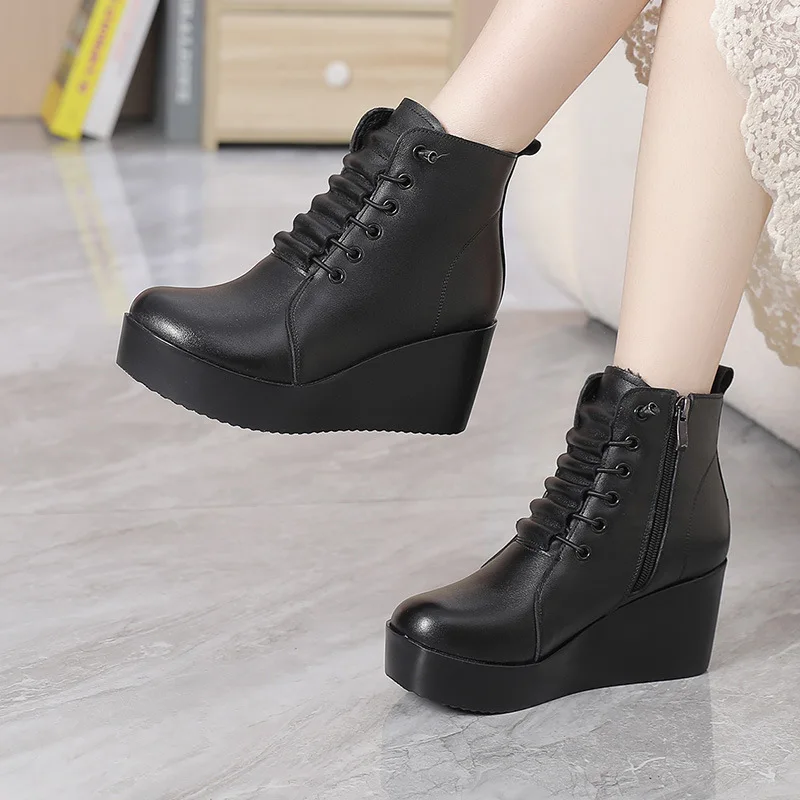 

GKTINOO 2023 New Autumn Winter Women Shoes Woman Genuine Leather Wedges Snow Boots Height Increasing Ankle Women Boots Platform