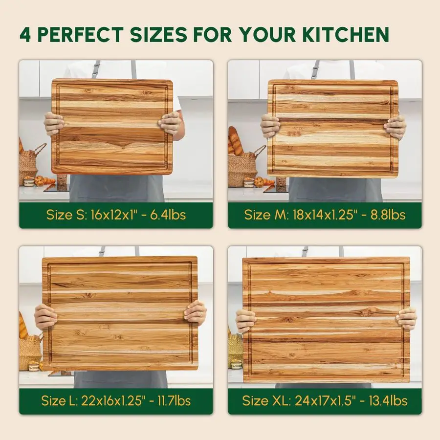 ジュース溝付きチーク材まな板 ハンドグリップM、20x15x1.25、キッチン用耐久性のある木製まな板、肉切り板、Ser