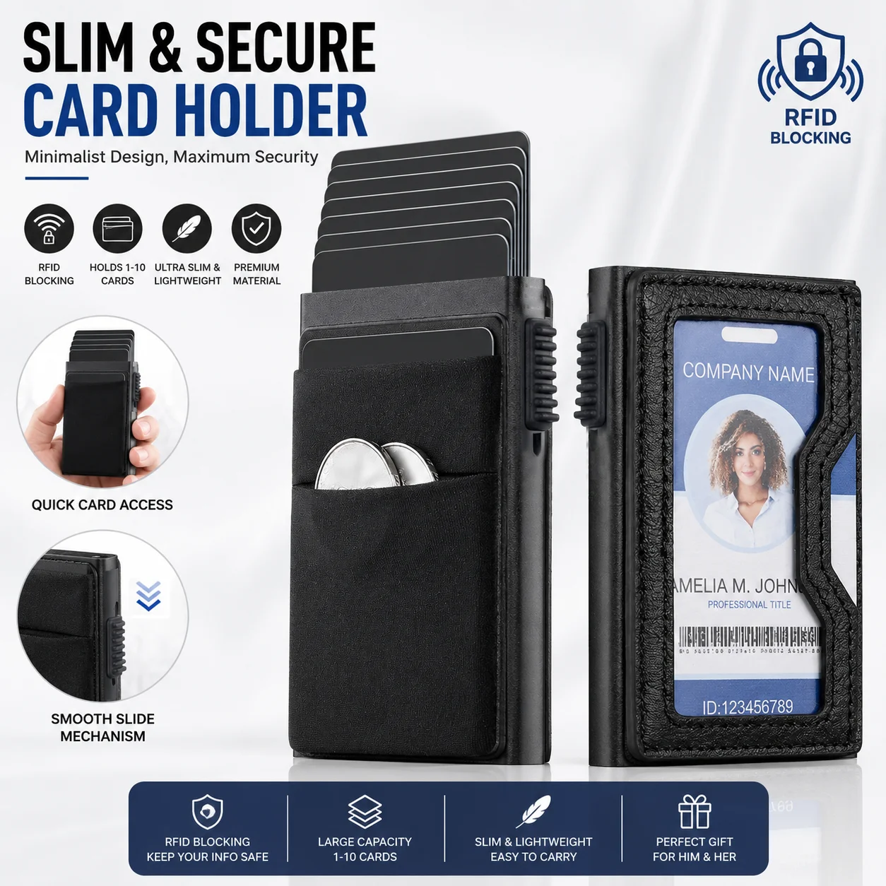 RFID Blocking Pop-Up Aluminum Wallet, Carbon Fiber Slim Card Holder Fits 10+ Cards & Cash, Pocket Purse for Men Daily Business