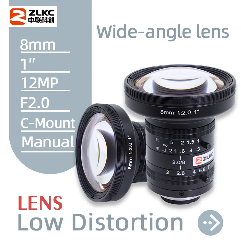 ZLKC FA 12MP C Mount 8mm F2.0 1 Inch Machine Vision Lens Industrial Camera CCTV Lenses Manual Iris for Positioning & Measuring