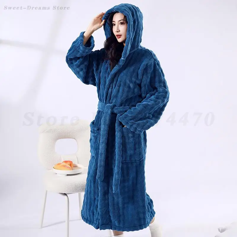 Autumn Winter New Female Robe Flannel Sleepwear Nightgown Home Clothes Loose Hooded Bathrobe Nightwear Coral Fleece Loungewear