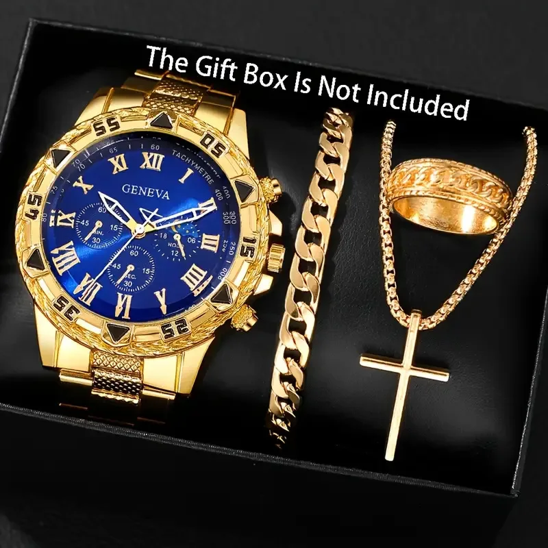 4-Piece/Set Business Men's and Women's Watch Necklace Bracelet Ring Set, Fashionable Men's Set