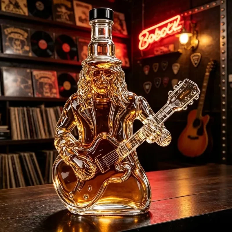 Rock Guitarist Glass Decanter, Slash Inspired Whiskey Bottle with Guitar Design, Music Lover Barware Decor and Collector Gift