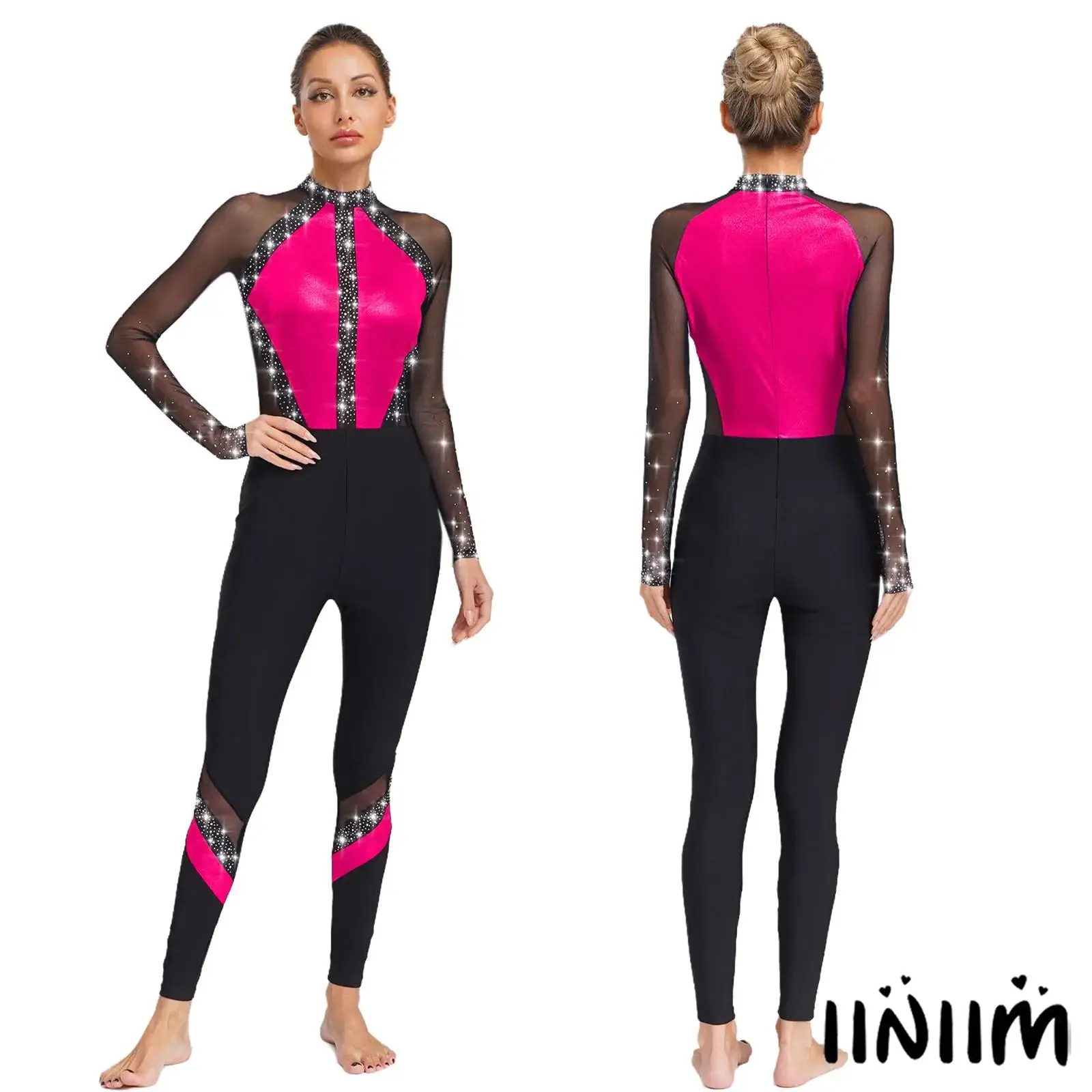 

Women Elegant Gymnastics Leotard Sparkling Rhinestone Ballet Yoga Dance Jumpsuit for Skating Dance Competitions Performance