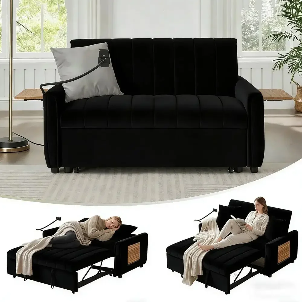 Velvet Convertible Sofa Bed with Pull-Out and Side Storage, Ideal for Sleeper Sofa, Living Room, Small Spaces, and Bedroom (Blac