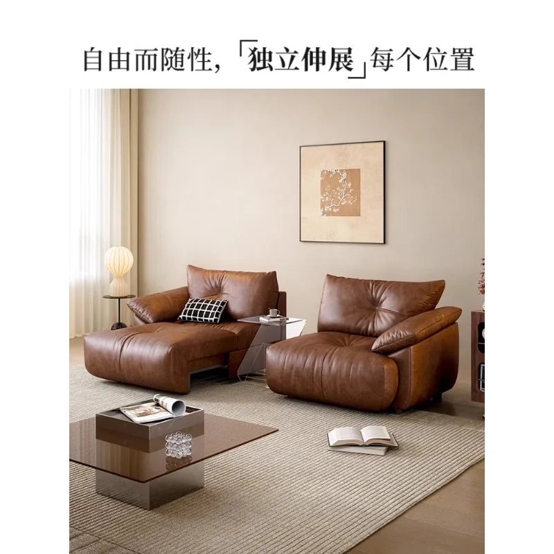 

French retro electric sofa living room adjustable retractable high backrest function medium and ancient oil wax leather