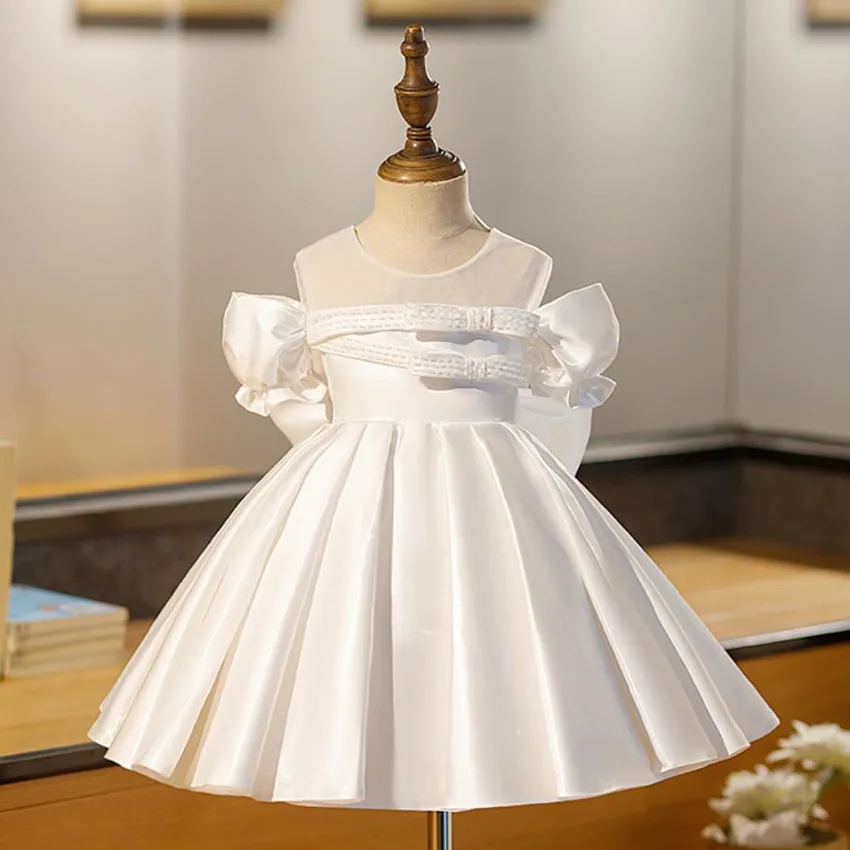 

Children's Princess Evening Gown Bow Beading Puff Sleeve Design Birthday Baptism Party Easter Eid Dresses For Girls A2649