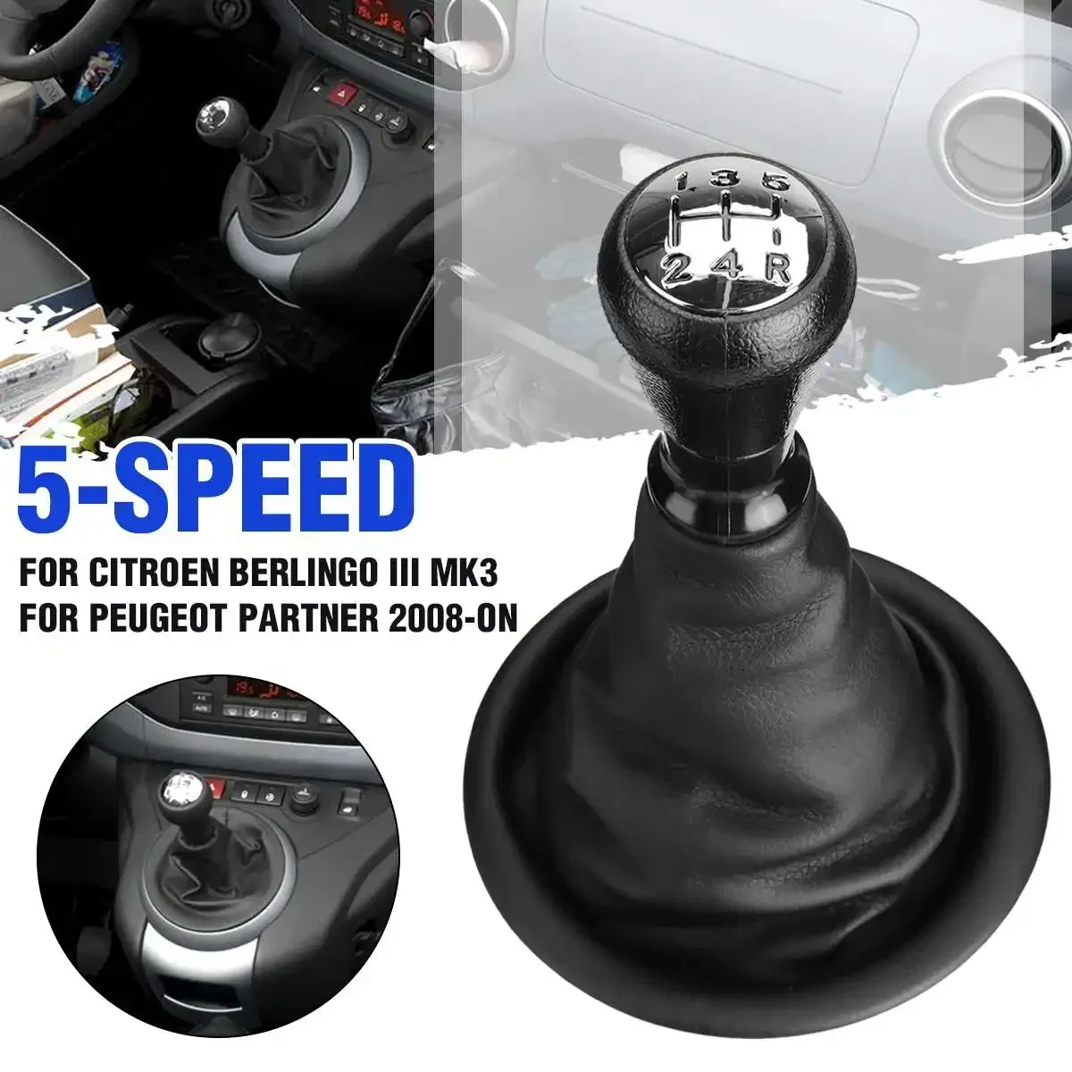 5 Speed Chrome Gear Shift Knob w/PU Leather Gaiter Boot Dust Cover For Citroen Berlingo III MK3 For Peugeot Partner 2008-on