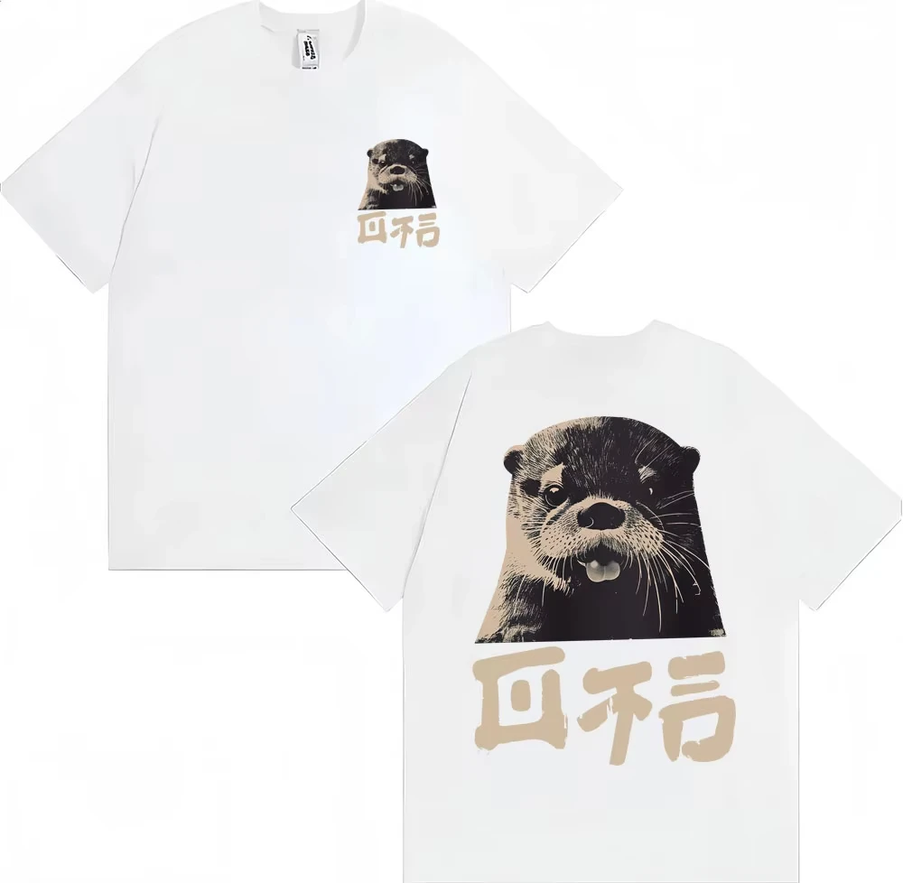 

Футболка в японском стиле с забавным милым принтом выдры, модная винтажная футболка унисекс, свободная хлопковая футболка с круглым вырезом, повседневная