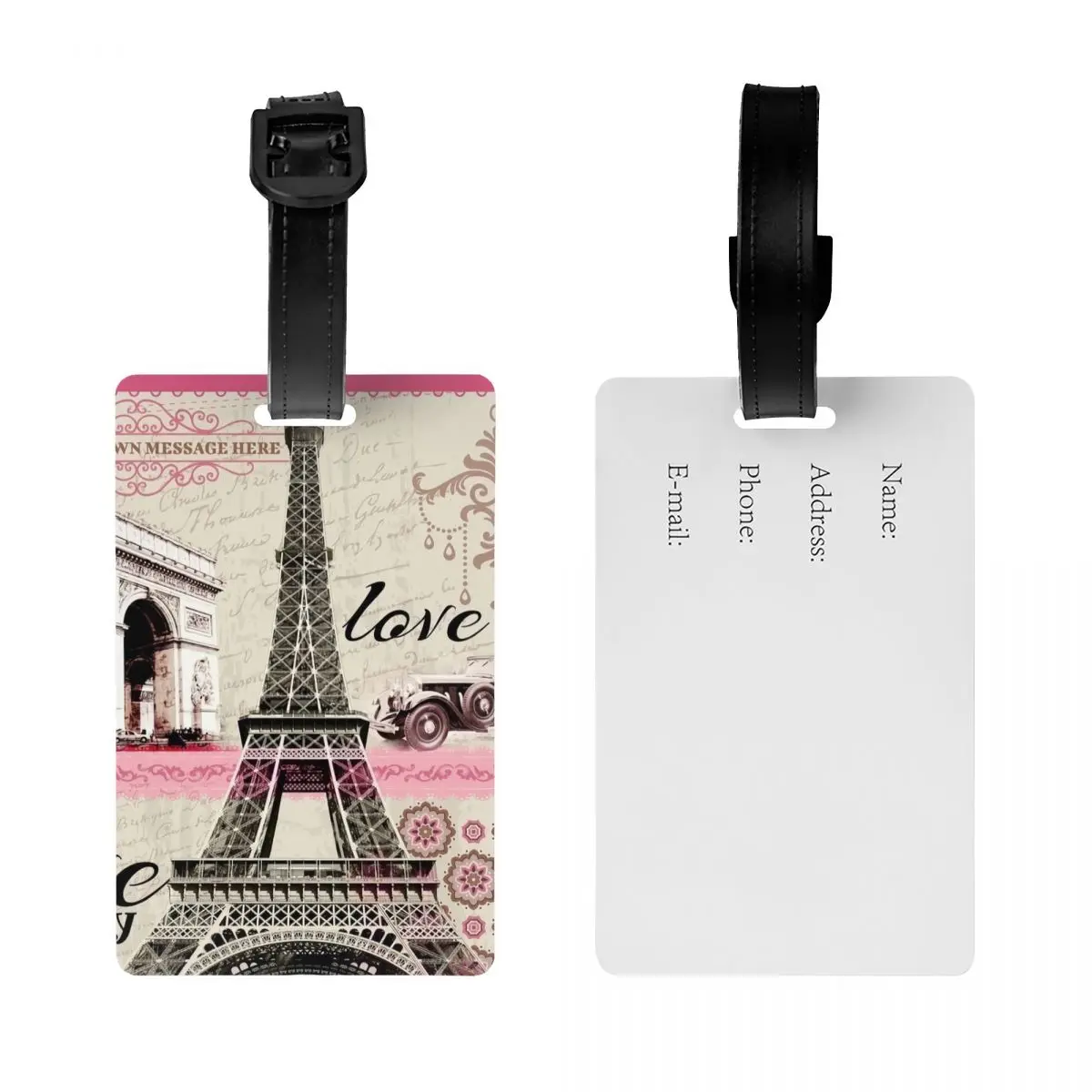 Custom Vintage France Paris Eiffel Tower Luggage Tag Flower Pink Suitcase Baggage Privacy Cover ID Label